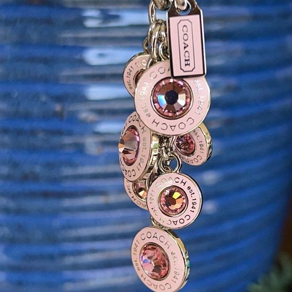 COACH PINK  Crystal & Enamel Silver Gem Stone Key Chain / Fob Purse Charm - Picture 2 of 8